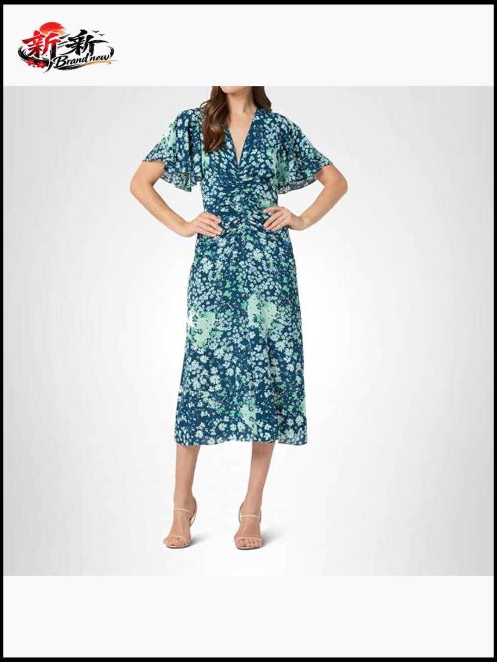 Flowy Midi Dress with Flutter Sleeves and V-Neck